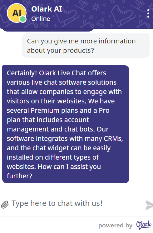 L'immagine mostra come appare la live chat con Olark