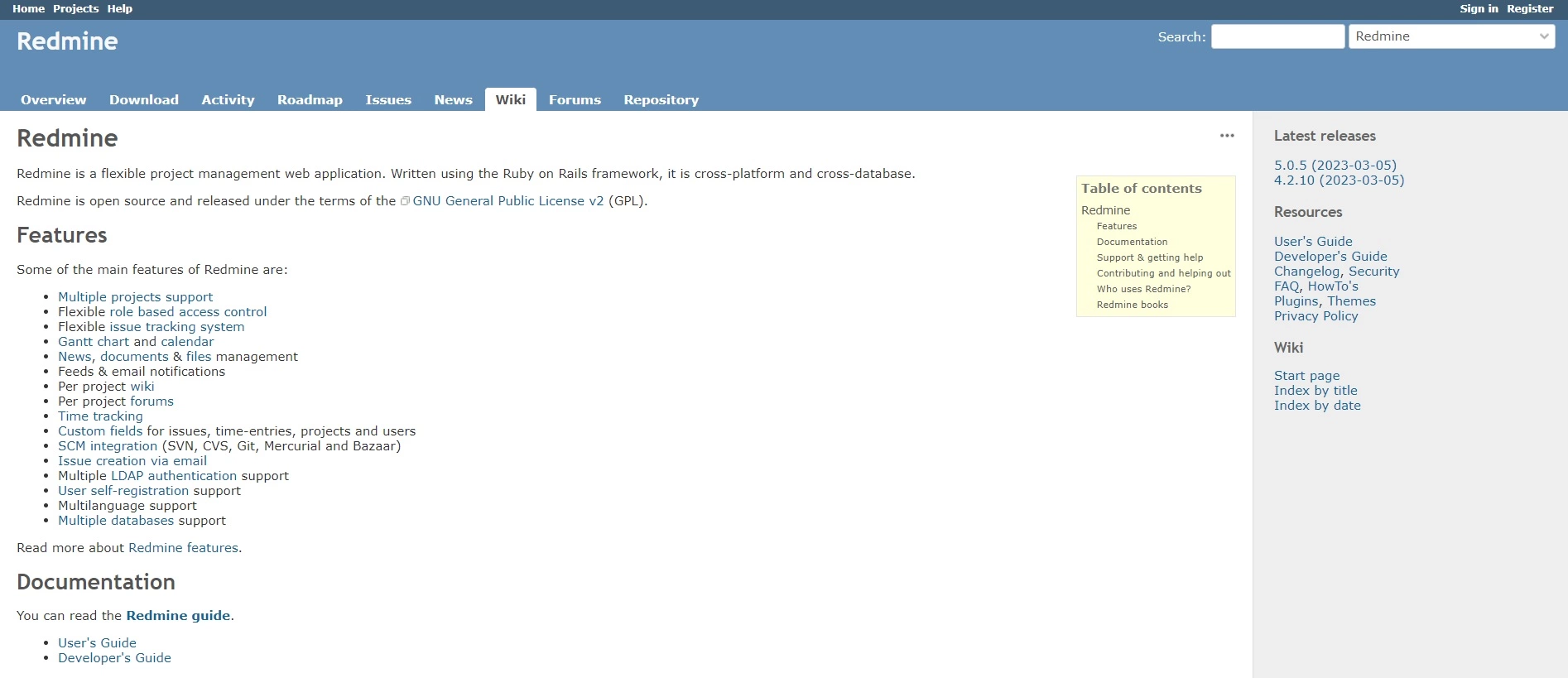La home page di Redmine - una piattaforma open-source che può aiutarti ad automatizzare i processi e assistere nella pianificazione delle attività per migliorare l'efficienza nella tua azienda.