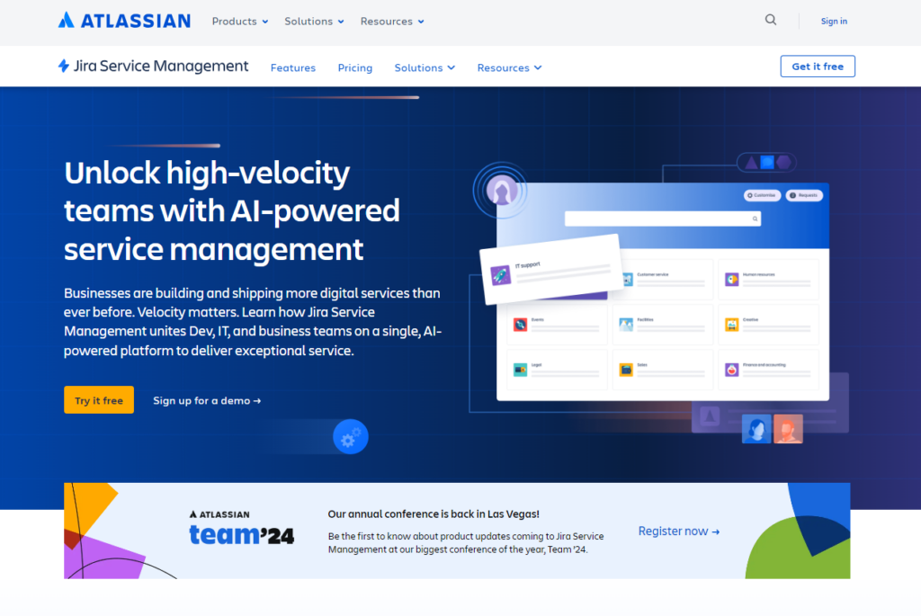 Homepage di Jira Service Management, un'alternativa a Help Scout per software help desk