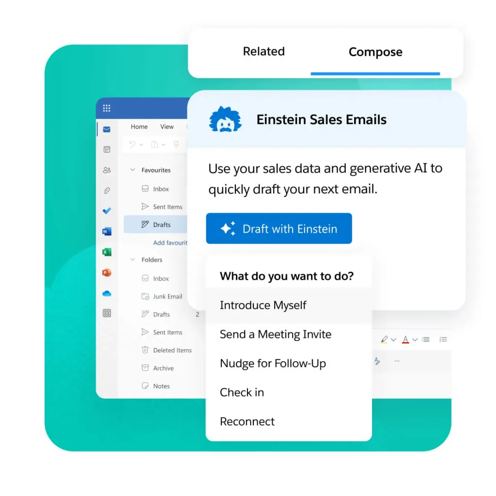 Interfaccia Salesforce Einstein Sales Emails che mostra opzioni di redazione email alimentate da AI.