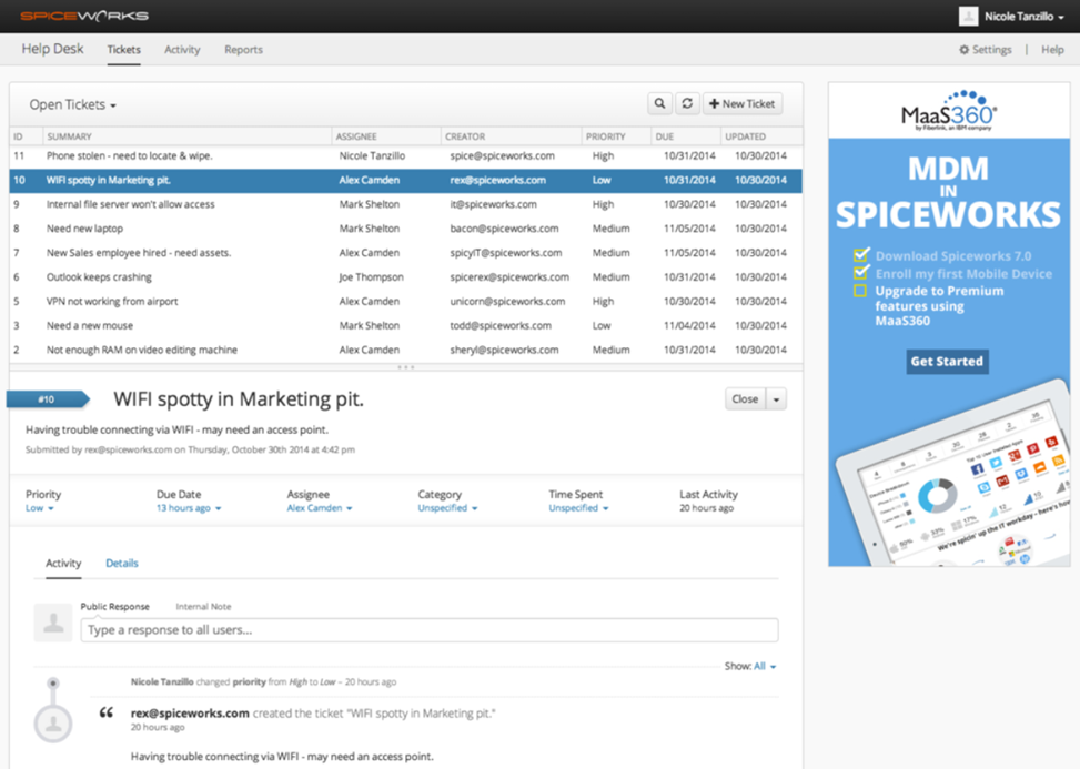 Elenco ticket Spiceworks Cloud Help Desk con invii dal portale utente