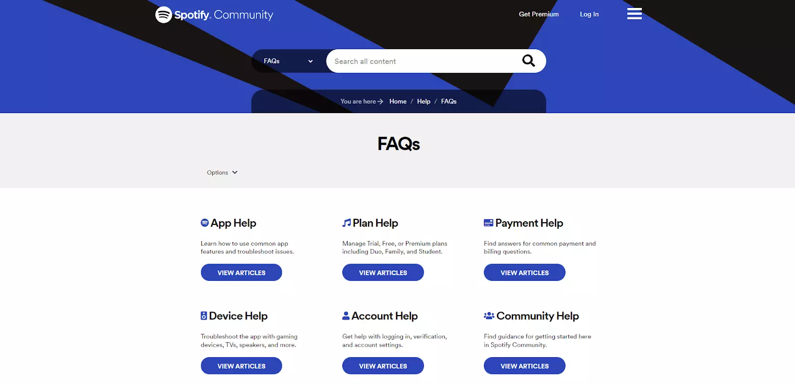 Pagina FAQ di Spotify