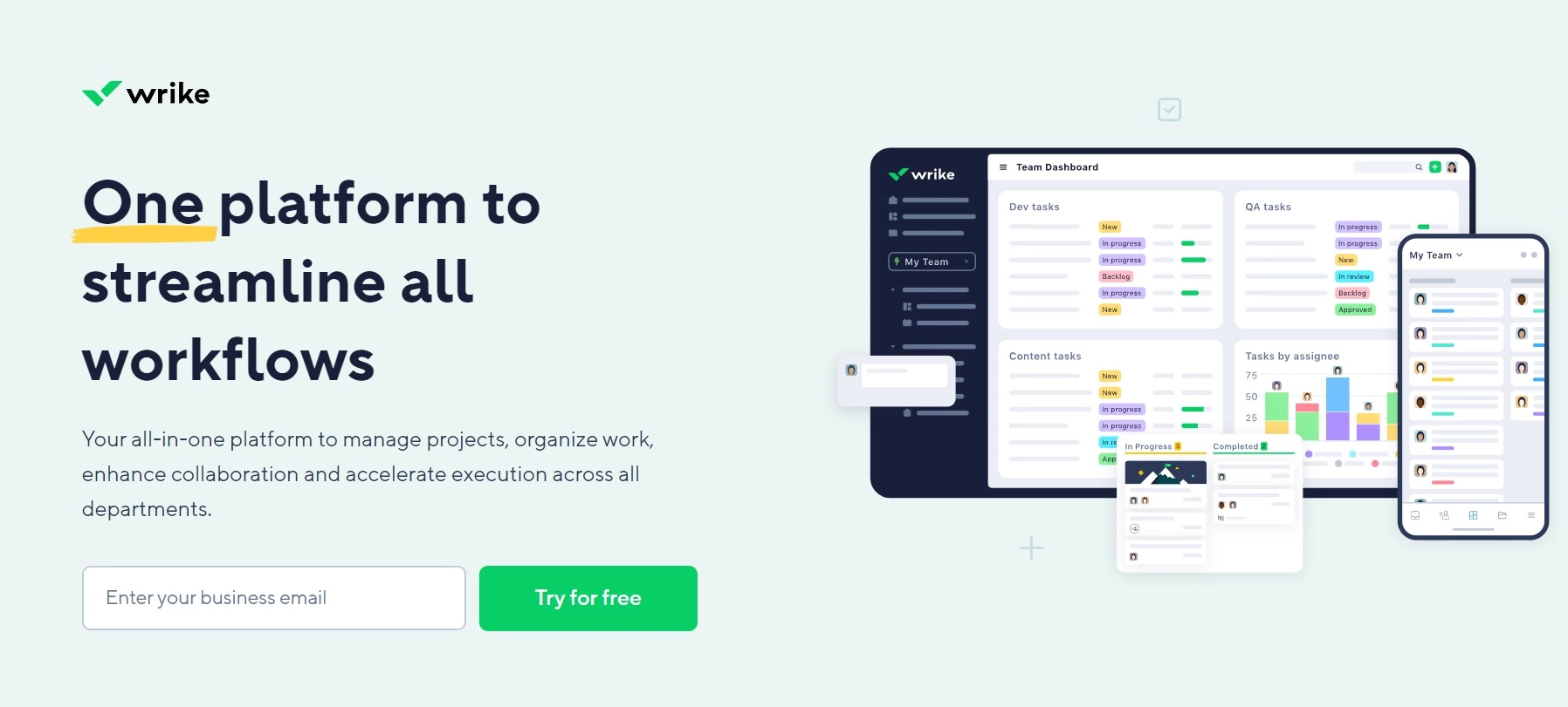 La home page di Wrike - una piattaforma all-in-one per gestire i progetti, organizzare il lavoro e migliorare la collaborazione tra i dipartimenti.