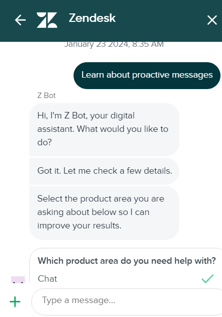 L'immagine mostra come appare la conversazione di live chat di Zendesk