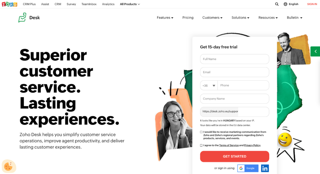 Homepage di Zoho Desk, un'alternativa a Help Scout per software help desk