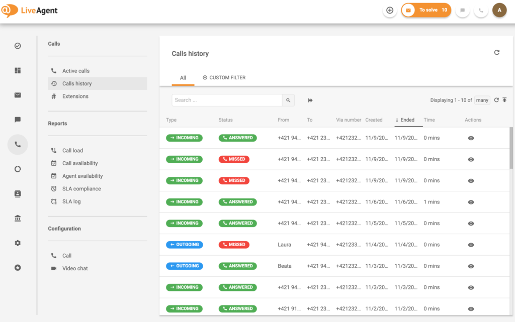 Gestione call center - cronologia delle chiamate