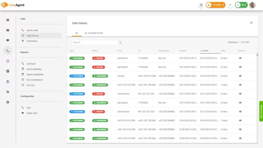 Panoramica dell'interfaccia del call center in LiveAgent.