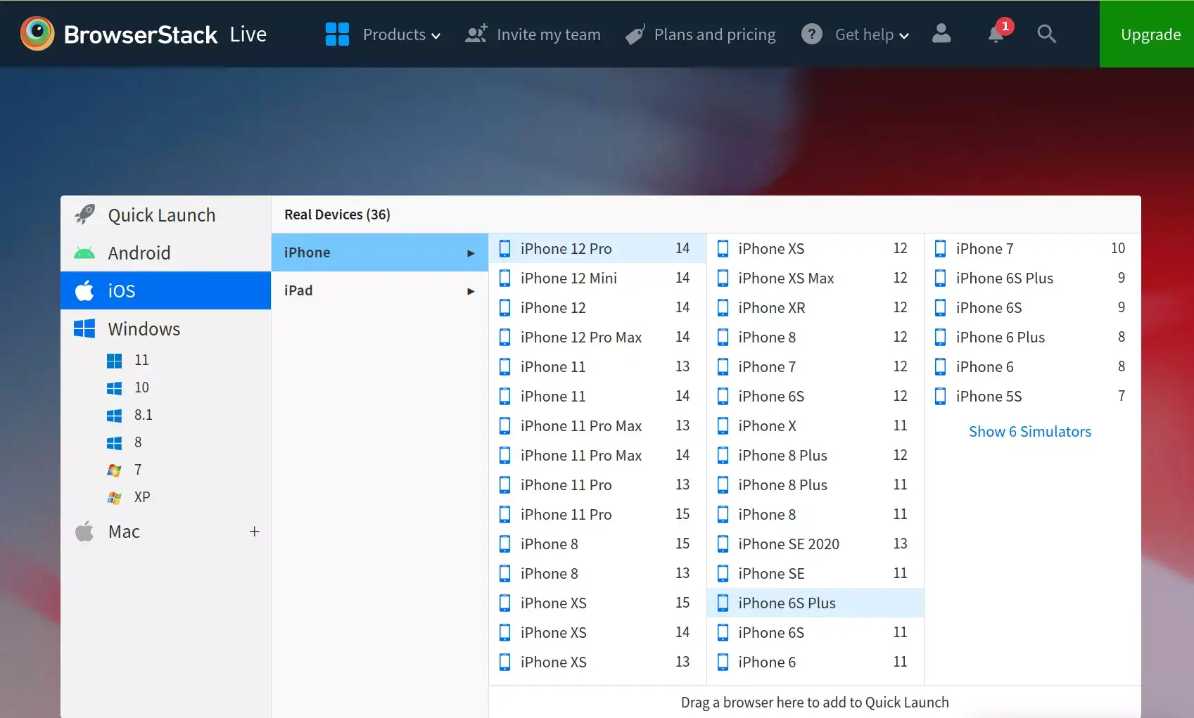 BrowserStack simula molte piattaforme mobili e versioni di sistemi operativi
