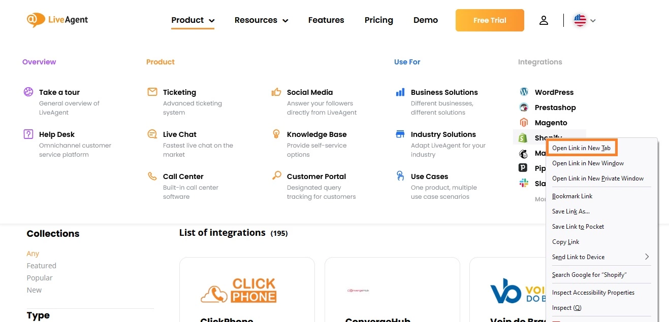 Esempio di nuova scheda sulla pagina di LiveAgent