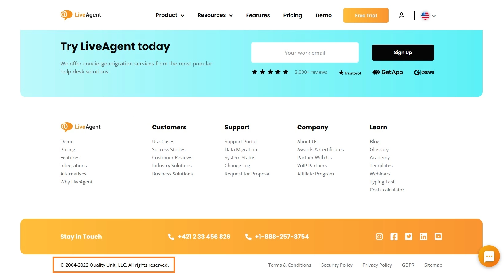 Copyright del sito web di LiveAgent