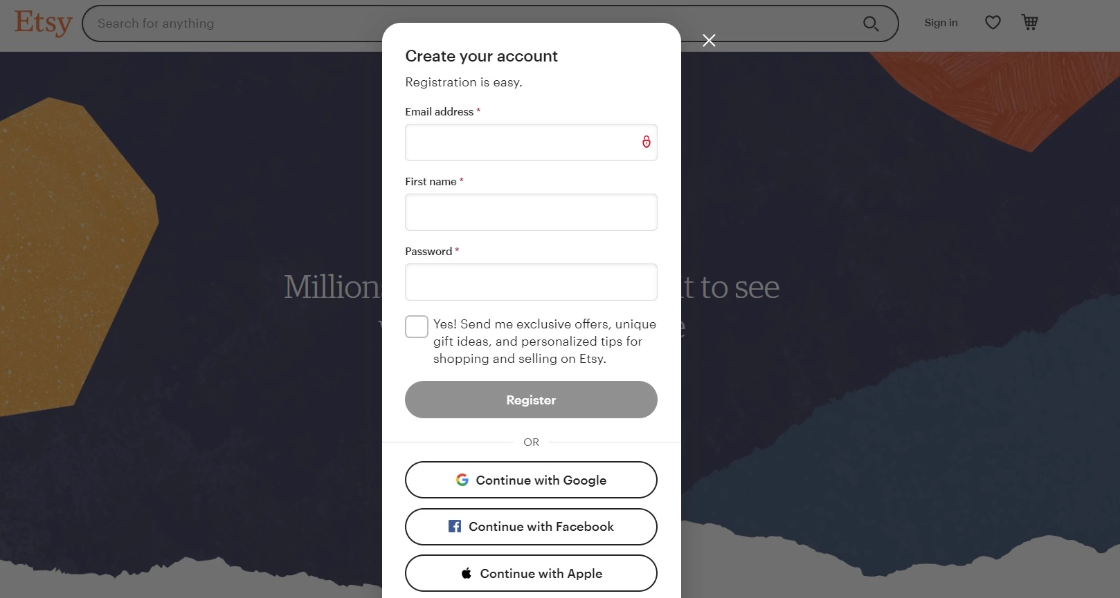 Registrazione negozio Etsy