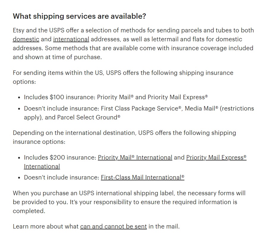 Servizi di spedizione disponibili su Etsy