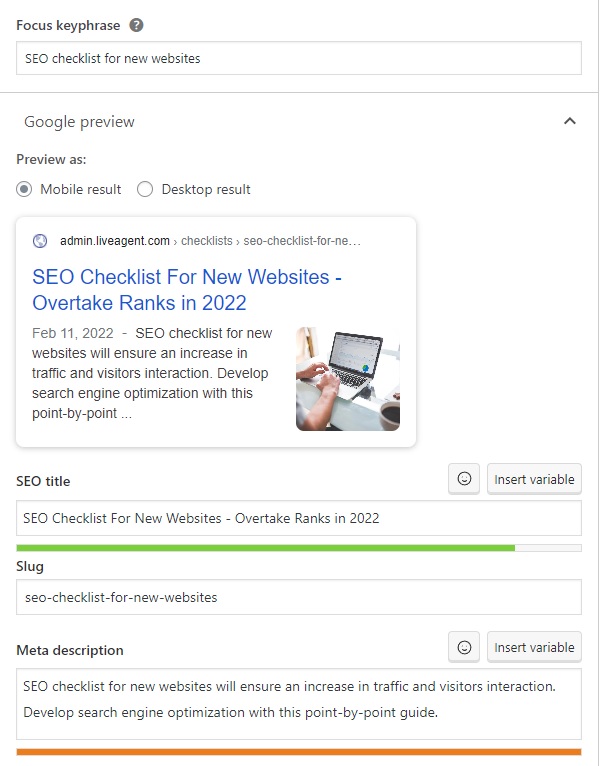 LiveAgent - esempio di keyphrase, titolo SEO e meta description