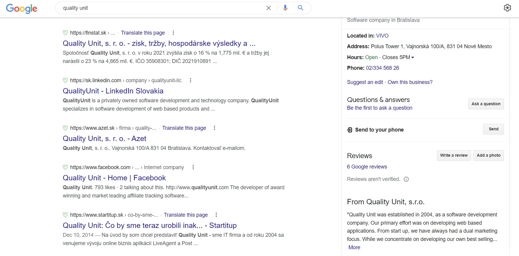 Risultati della ricerca Google Quality Unit