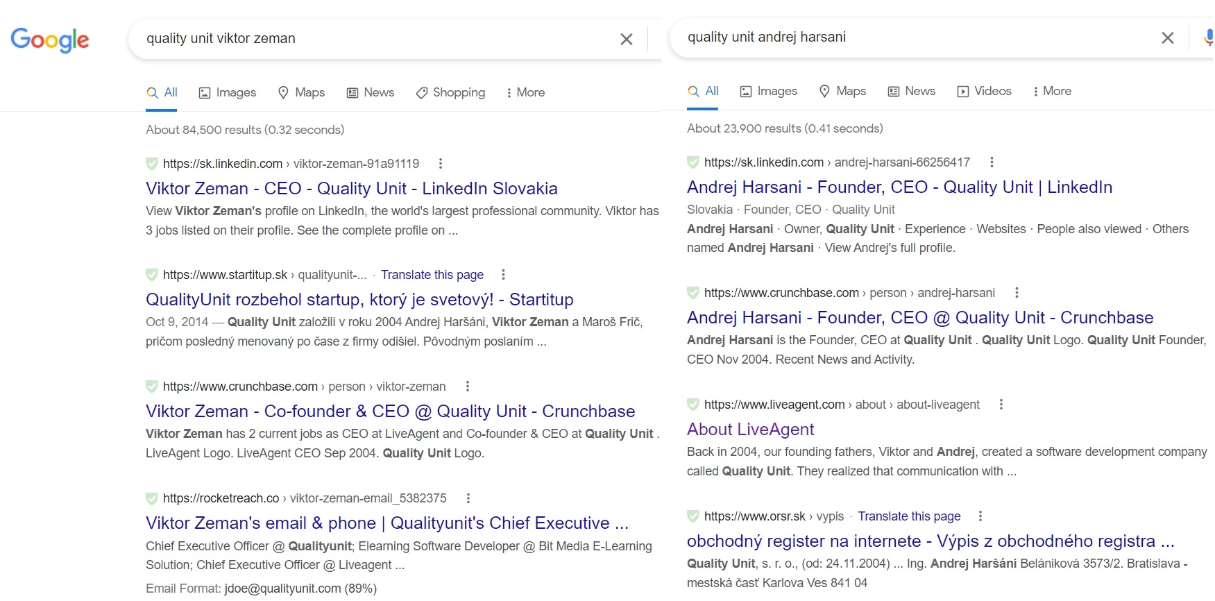 Risultati della ricerca Google proprietari Quality Unit