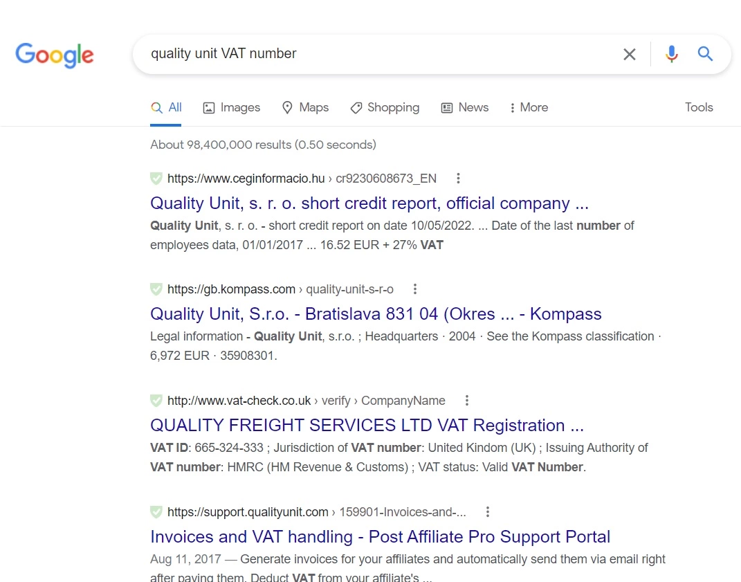 Ricerca Google numero IVA Quality Unit