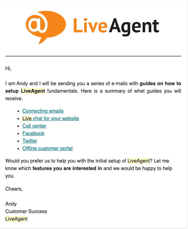 Email di onboarding LiveAgent