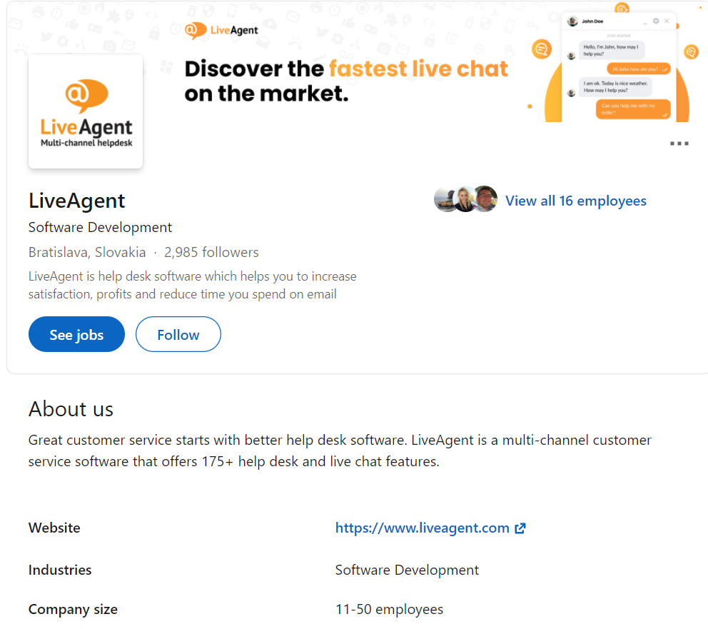 Profilo LinkedIn di LiveAgent