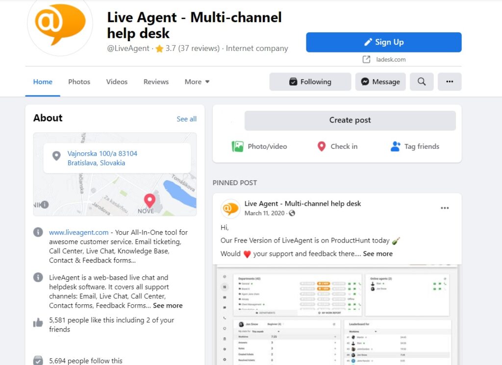 LiveAgent - pagina iniziale di Facebook