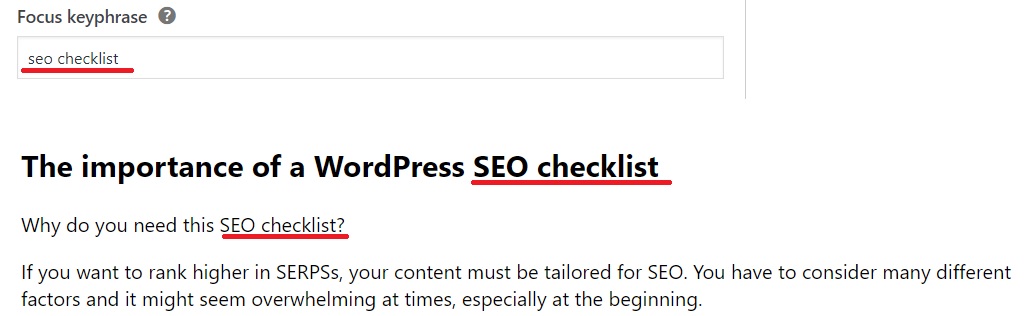 SEO checklist - esempio di parola chiave nell'intro