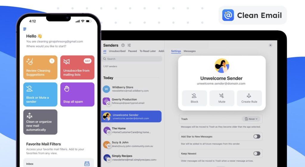 Pagina iniziale di Clean Email