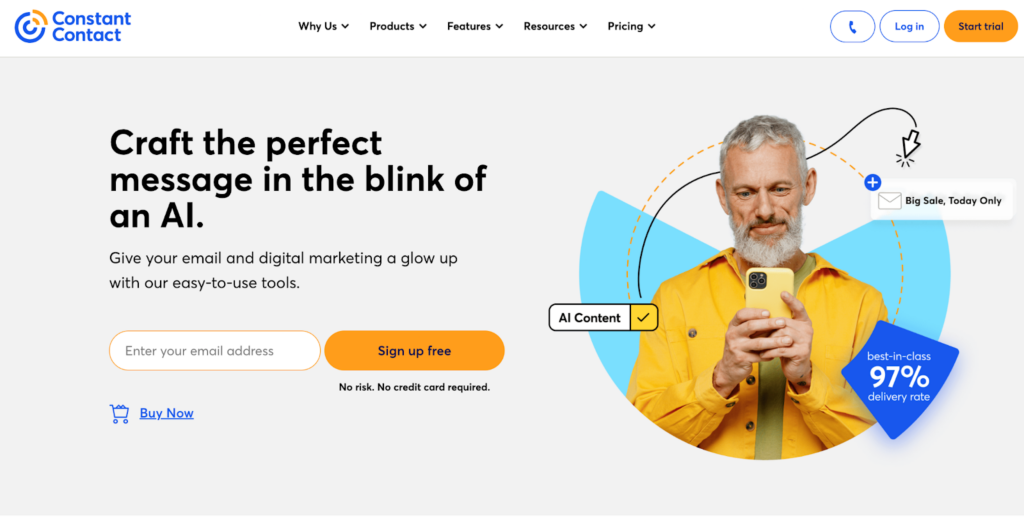 Pagina iniziale di Constant Contact, software di email marketing e gestione