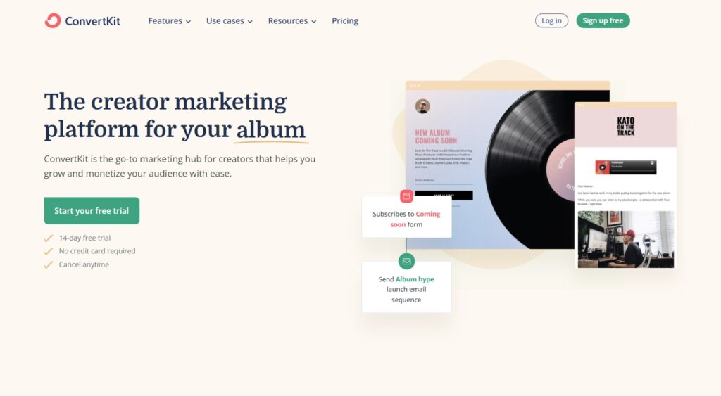 Pagina iniziale di ConvertKit, software di gestione della posta elettronica per creatori