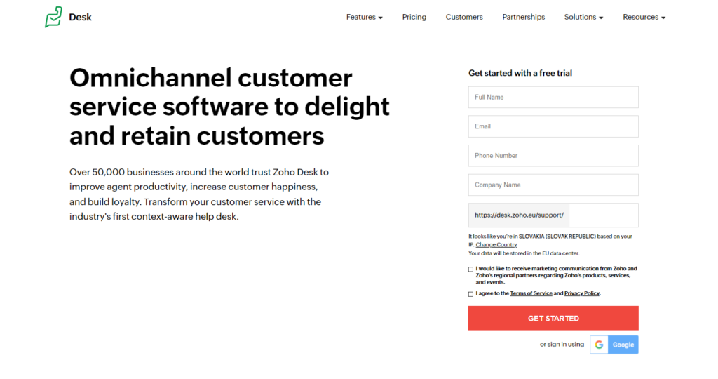 Homepage di Zoho Desk