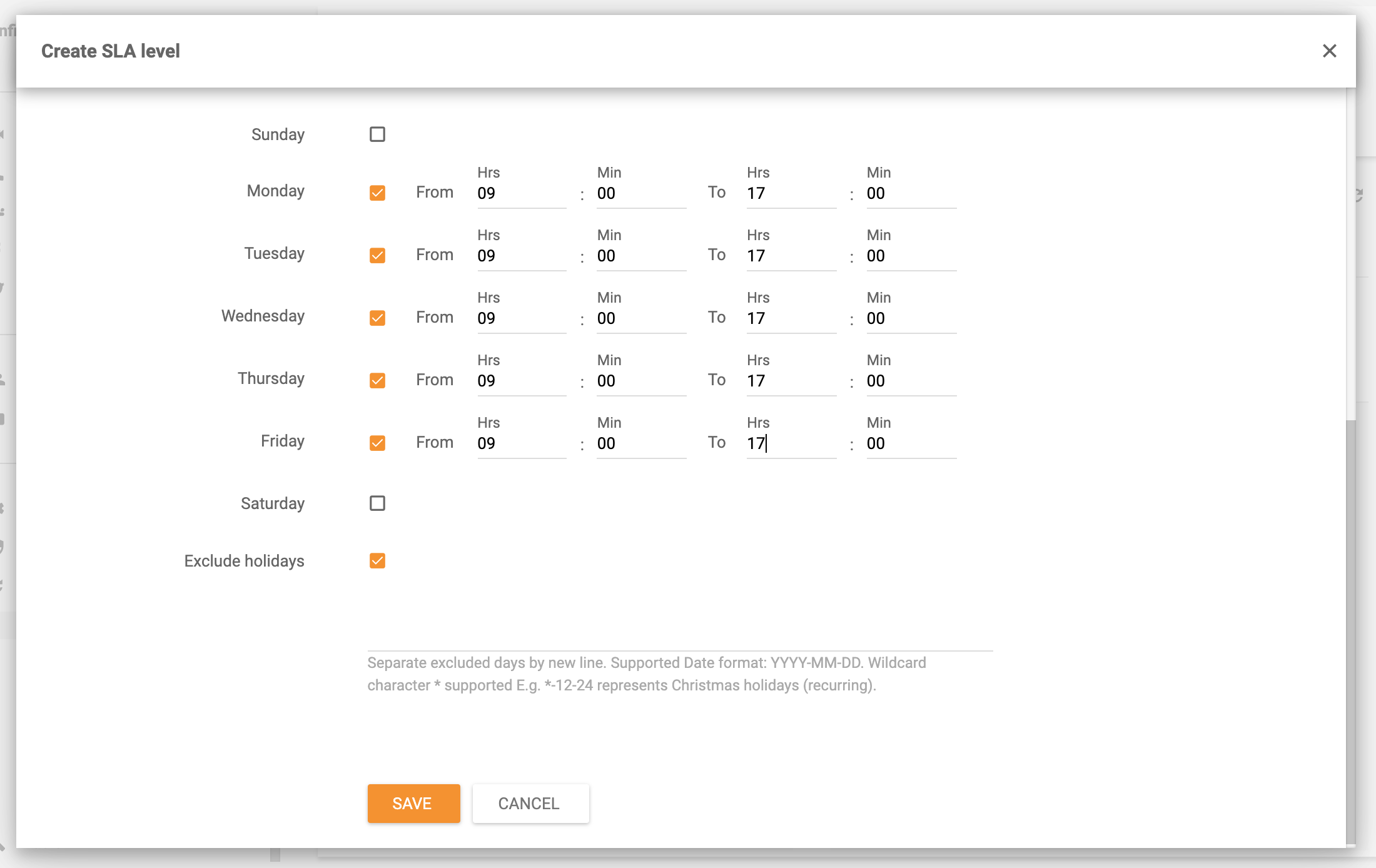 Esempio di orari di ufficio di LiveAgent
