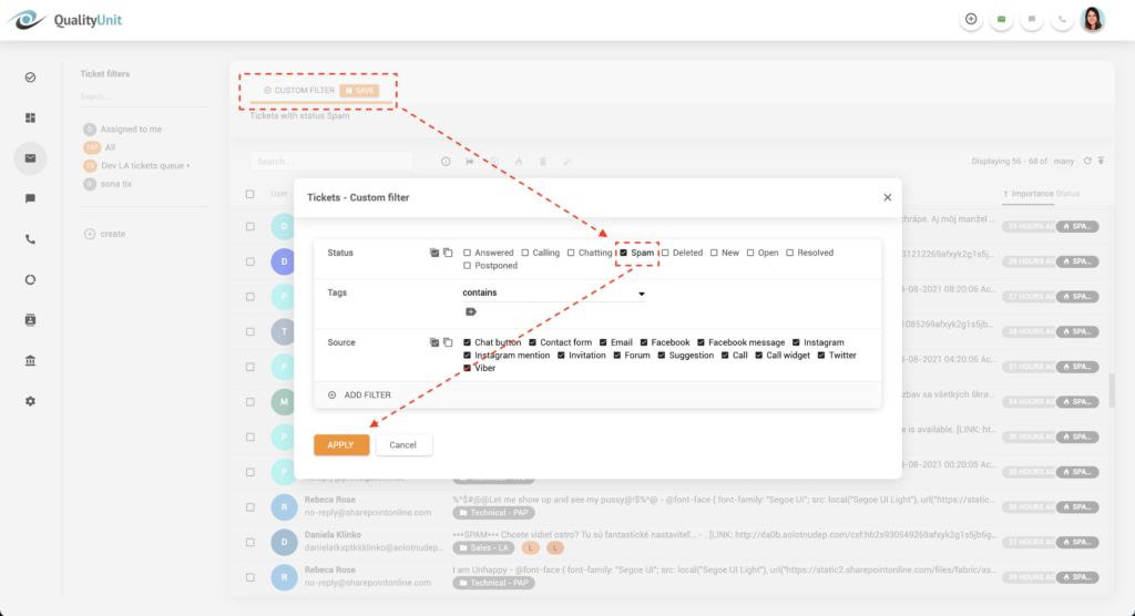 Filtro spam in LiveAgent