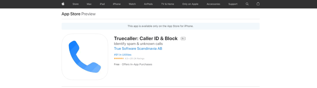 Sito web Truecaller: Caller ID & Block App Store