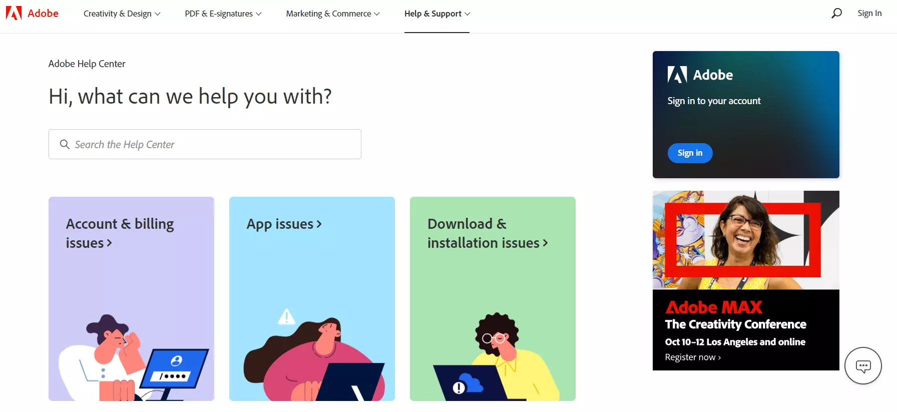 Pagina di destinazione della base di conoscenza di Adobe, che mostra il loro sistema di gestione della conoscenza.