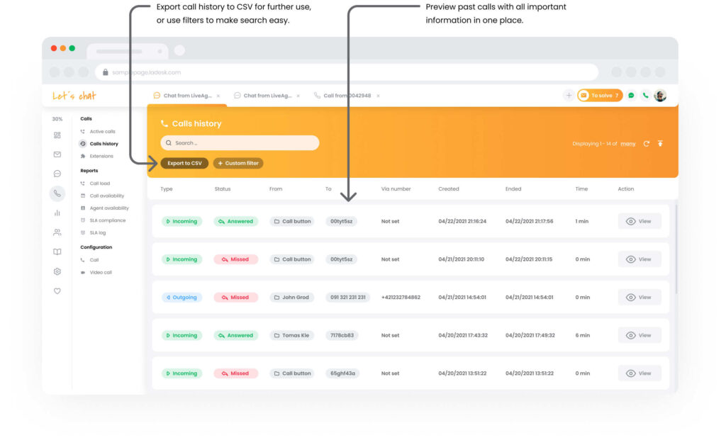 Cronologia delle chiamate del call center in LiveAgent