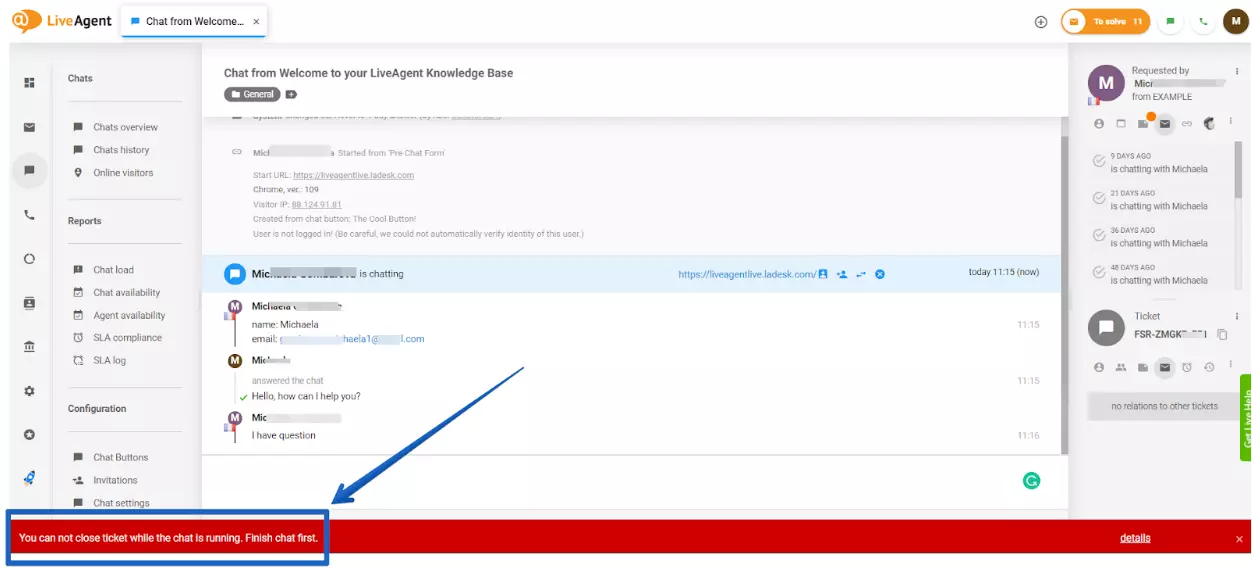 LiveAgent - avviso di chat non risolta