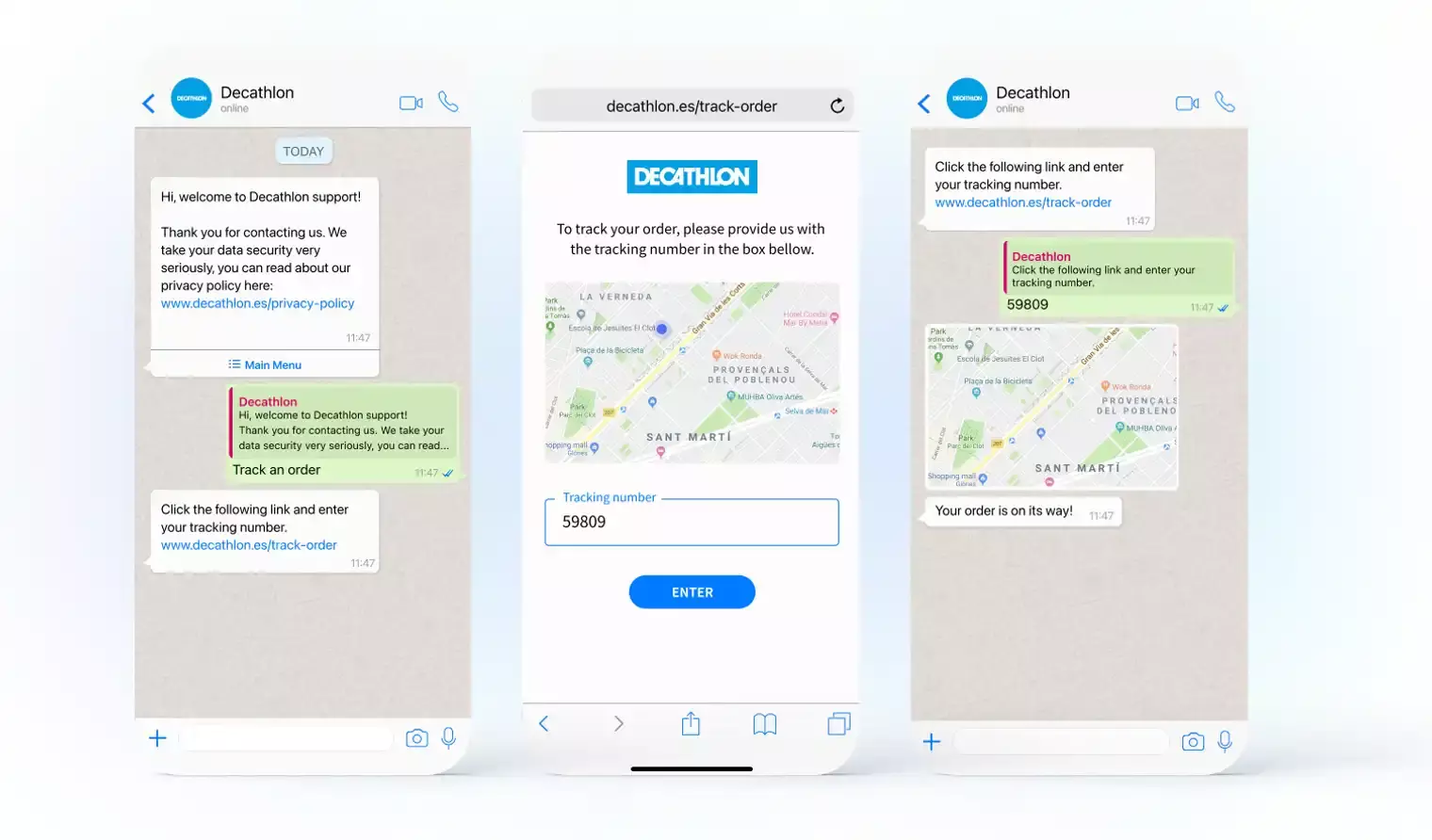 Capacità live chat Decathlon tramite WhatsApp per il tracking ordini