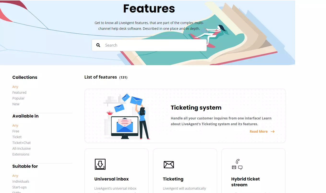 Pagina delle funzionalità di LiveAgent