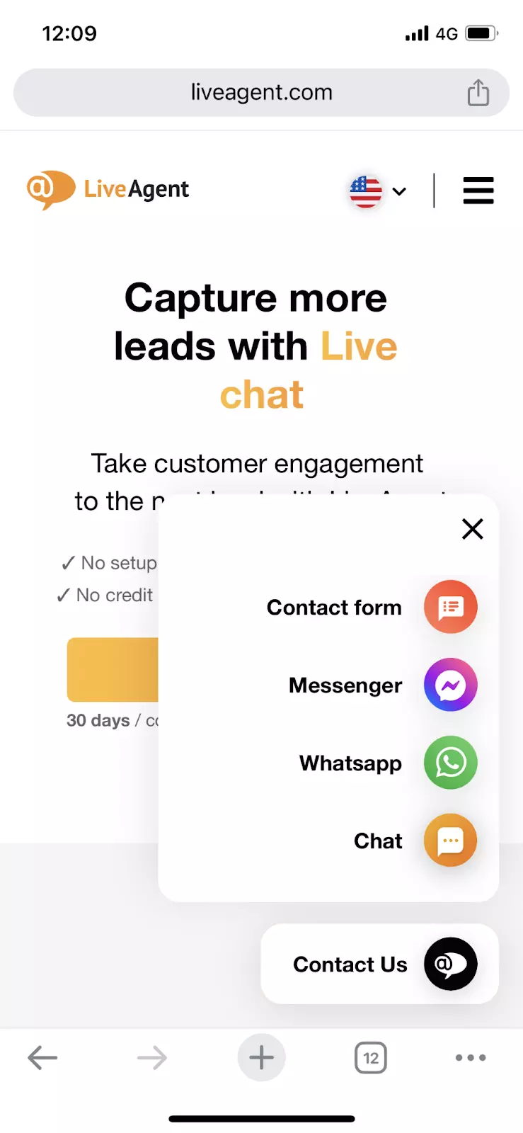 Widget live chat LiveAgent su mobile con più canali