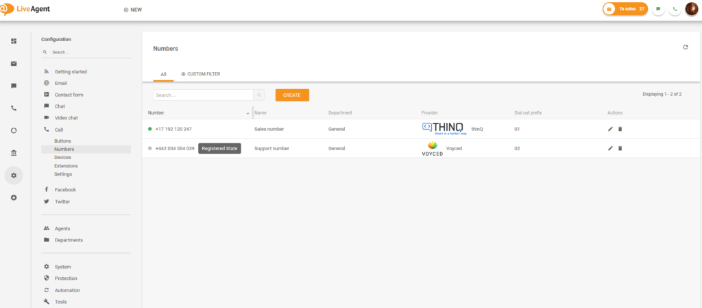 Configurazione numeri LiveAgent