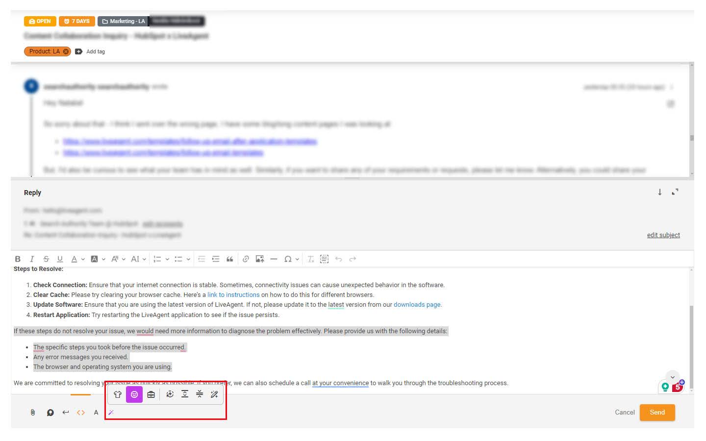 Immagine della funzione Assistente IA evidenziata nel ticket di supporto