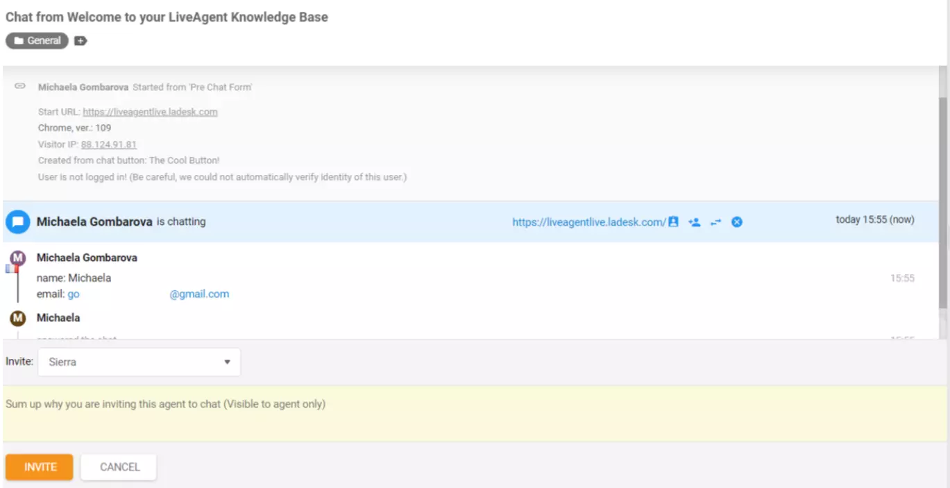 LiveAgent Agente invitato a chattare