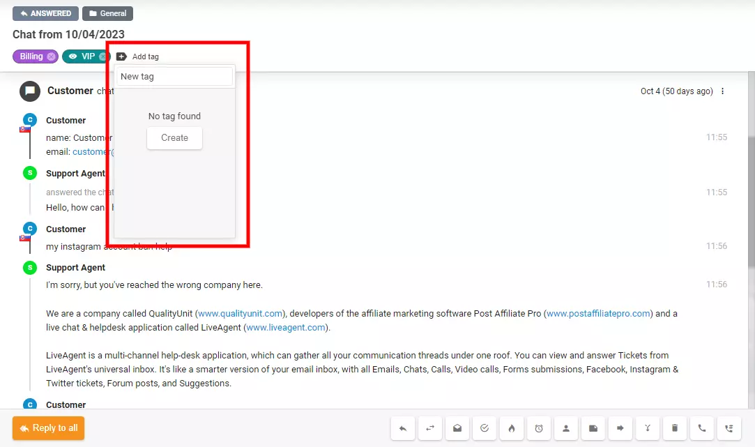 L'immagine mostra come creare un nuovo tag direttamente all'interno di un ticket