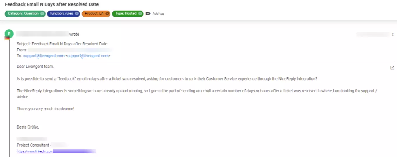 Screenshot di un ticket che mostra un problema clienti che è considerato a bassa priorità.