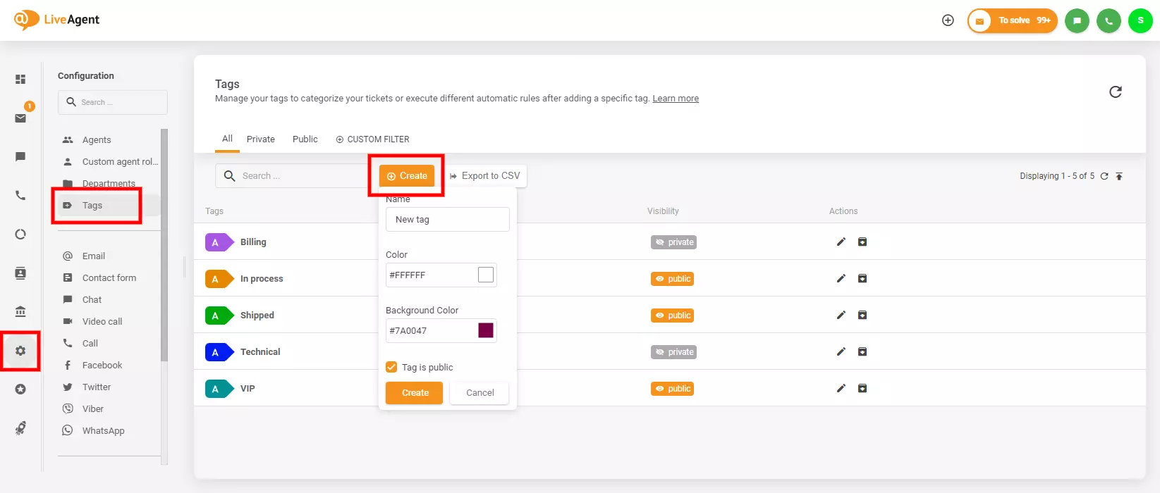 L'immagine mostra dove trovare e creare tag in LiveAgent