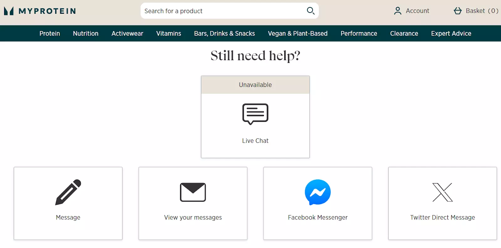 Pagina di supporto MyProtein con canali di comunicazione