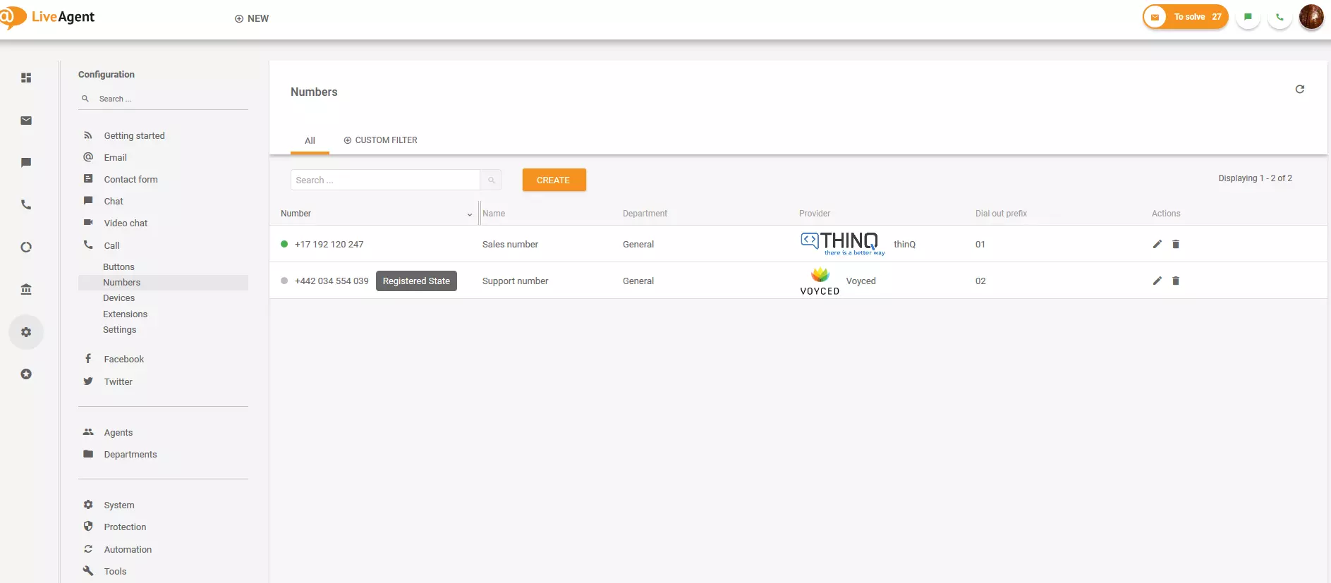 Sezione Numeri in LiveAgent