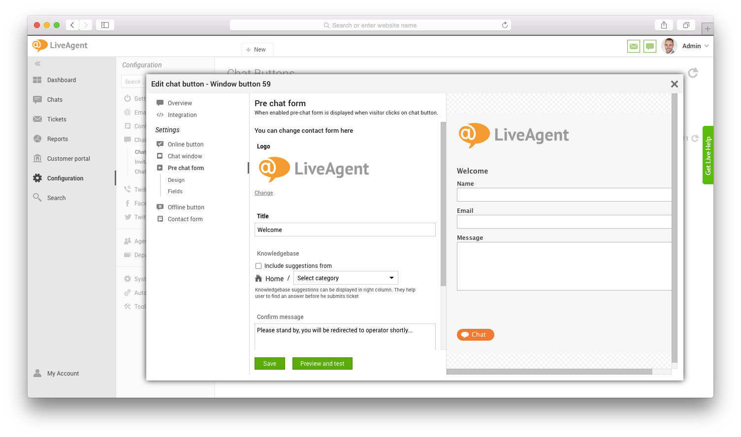 Finestra modulo pre-chat con campi e anteprima