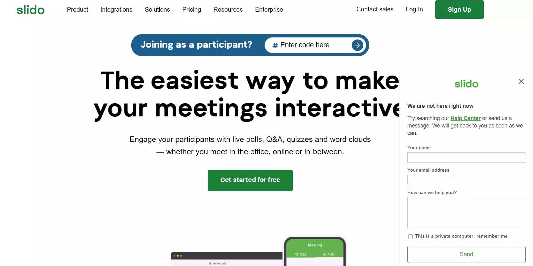 Slido homepage with their chatbox