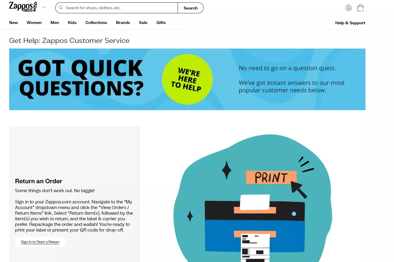 Zappos support page displaying their options of support