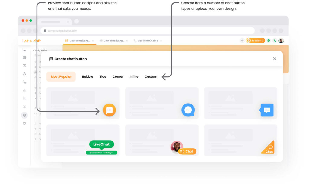 Mockup della galleria pulsanti chat di LiveAgent