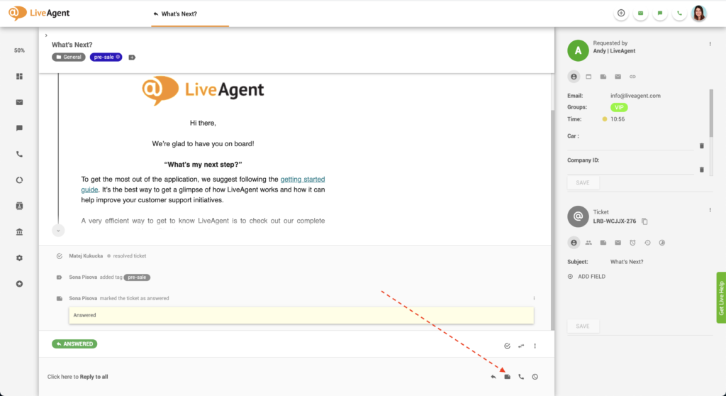Pulsante Aggiungi nota in LiveAgent